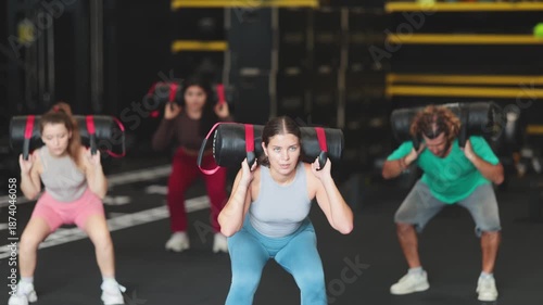 Determined young woman performing sandbag squats during group crossfit workout in gym. High quality 4k footage