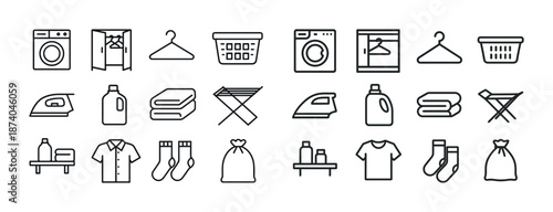 Laundry icons set: washing machine, hanger, basket, iron, detergent, clothes, socks