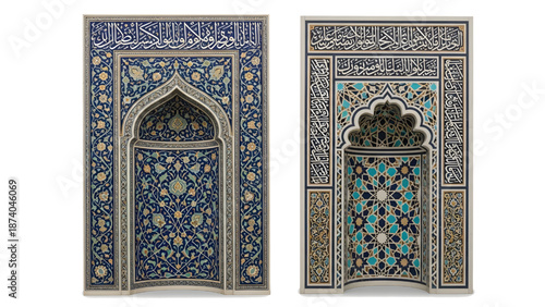 Two Islamic mihrabs side by side, one with floral motifs, one with geometric motifs