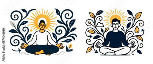 Illustrations of meditating individuals with sun and nature elements