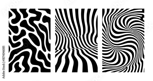 Abstract black and white optical illusion patterns with organic shapes and warped stripes