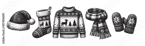 A charming black and white sketch depicts a collection of knitted winter accessories including a Santa hat, Christmas stocking, patterned sweater, scarf, and mittens, perfect for festive designs.