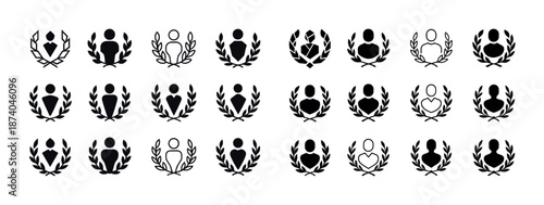 Set of fitness and health icon variations with laurel wreath and hearts