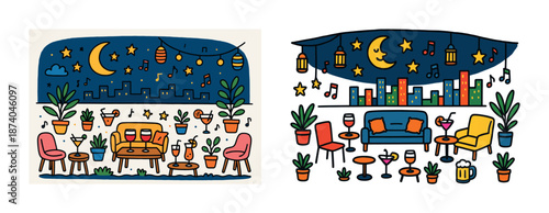 Cozy nighttime rooftop terrace with plants and festive lights