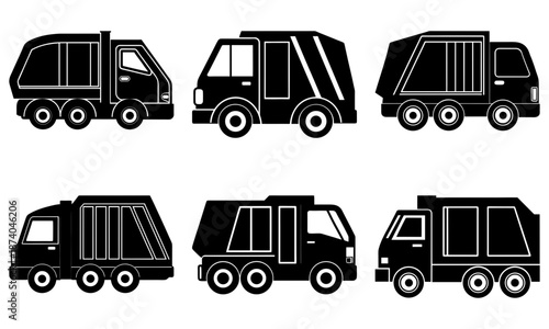 Six Black and White Garbage Truck Silhouettes on White Background waste collection recycling