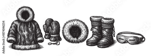 A monochromatic illustration depicts essential cold-weather gear including a fur-lined parka, mittens, a fuzzy hat, boots, and goggles arranged in a line against a white background.