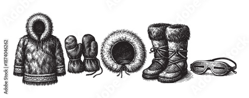 This black and white illustration depicts a collection of vintage arctic winter clothing and accessories including a fur-lined parka, mittens, a fur hat, boots, and goggles.