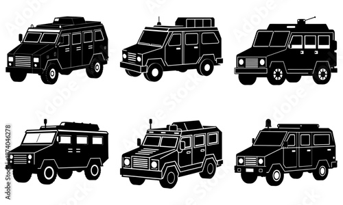 Six Black Military Utility Vehicles Silhouettes on White Background