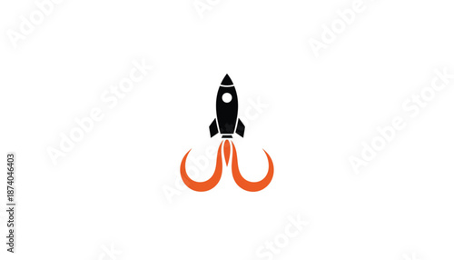 Black Rocket Ship Launching with Orange Flames on White Background