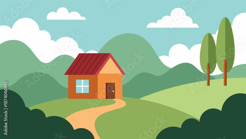 Charming Countryside Cottage Vector Illustration, Peaceful Rural Landscape with Green Hills and Trees