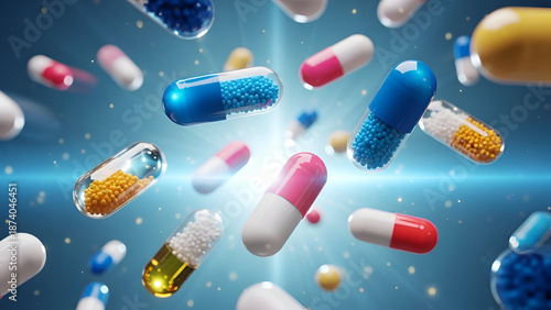 Medicine capsule pharmaceutical illustration showing colorful pills floating in air for healthcare treatment research pharmacy marketing and modern medical branding use