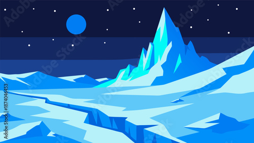 Stunning vector illustration of an arctic landscape with a frozen river and snow-capped mountains under a starry sky