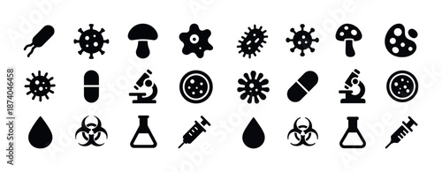 Science and biology icons: microscope, bacteria, virus, chemical, syringe