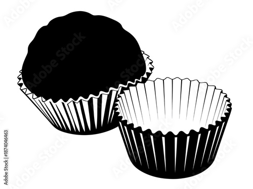 A vector illustration of a chocolate truffle in a paper cup and an empty cup, isolated on a white background