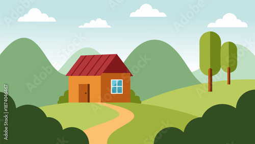 Charming countryside cottage vector illustration, depicting a cozy dwelling nestled amidst rolling hills and lush greenery under a clear sky