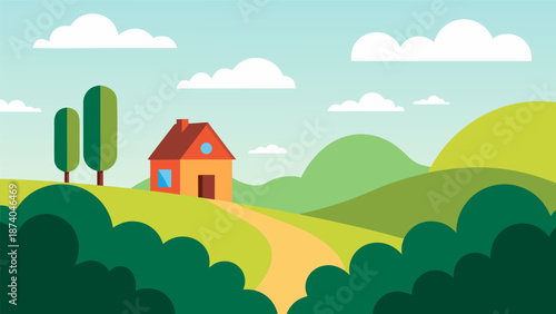 Serene countryside vector illustration of a charming house nestled amidst rolling green hills and fluffy clouds