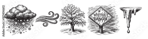 A vintage style collection of black and white hand-drawn illustrations depicting various winter weather elements, including snowfall, wind, a bare tree, a whiteout danger sign, and an icicle dripping.