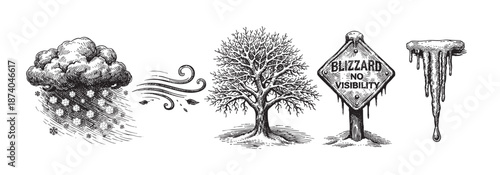 A vintage style collection of black and white hand-drawn illustrations depicting various winter weather elements, including snowfall, wind, a bare tree, a whiteout danger sign, and an icicle dripping.