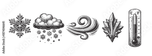 A monochrome illustration depicting various winter weather phenomena including a snowflake, a cloud with falling snow, wind, ice crystals, and a thermometer.