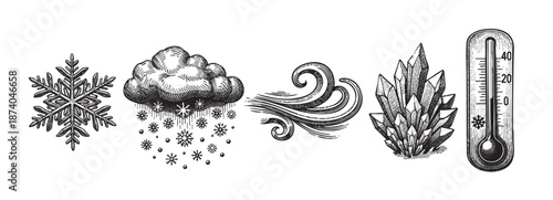 A charming collection of vintage-style black and white illustrations depicting winter weather phenomena including a snowflake, snow cloud, wind, crystals, and a thermometer.