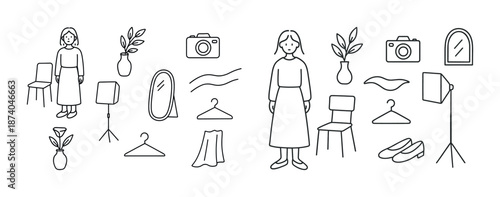 Minimalist illustration of female figure with fashion and home decor elements
