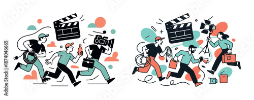 Young diverse crew filming scene with equipment in dynamic studio setting