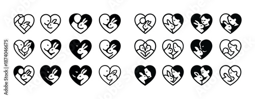 Love and affection: heart-shaped animal and couple icons collection