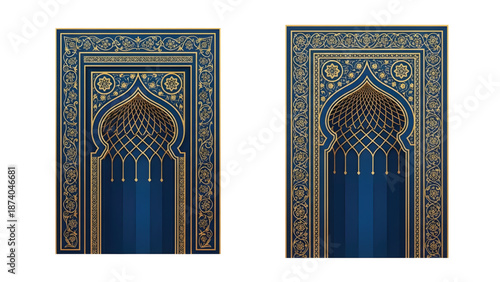 Islamic mihrab design is different in one area, classic middle eastern ornaments, elegant arches, blue and gold colors