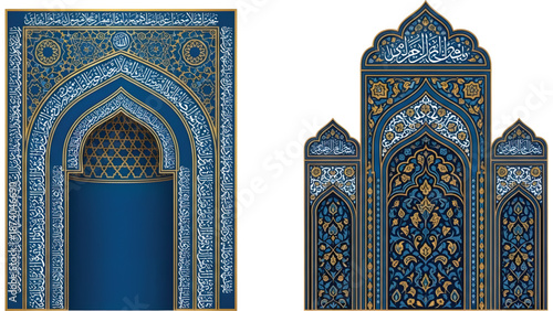 Islamic mihrab design is different in one area, classic middle eastern ornaments, elegant arches, blue and gold colors