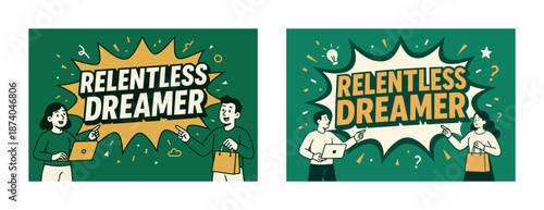 Relentless dreamer: male and female characters with laptops in creative design