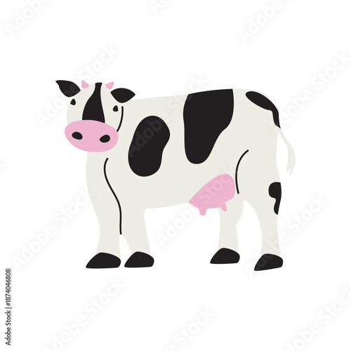 Cartoon farm animal in doodle flat style. Cute spotted cow. Cozy village life sticker. Flat graphic element for a dairy farm, agriculture concept. Vector illustration