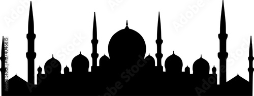 Black silhouette of a mosque with multiple domes and tall minarets against a white background Islamic