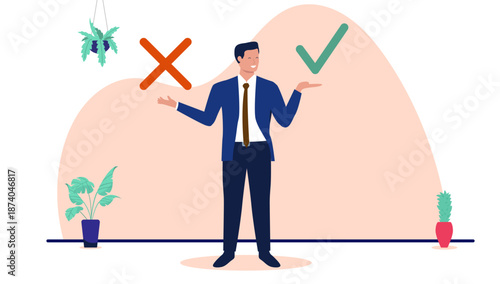 Smiling businessman making a decision between right and wrong choices with a green tick and red cross symbol for corporate ethics and problem solving in a modern flat design vector illustration