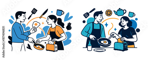 Caucasian male and female adults cooking together in kitchen cartoon