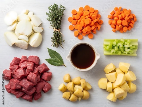 Flat Lay of Fresh Ingredients for a British Beef Stew or Cottage Pie Recipe on a Light Wooden Background, Food Preparation