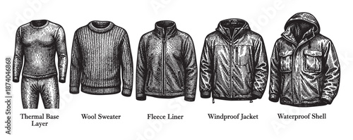 A black and white woodcut style illustration displays a collection of five outdoor clothing items, including a thermal base layer, wool sweater, fleece liner, windproof jacket, and waterproof shell.