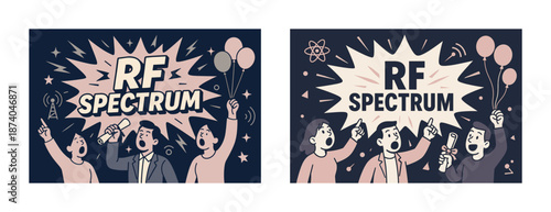 Cartoon style illustration of people engaging with rf spectrum concept