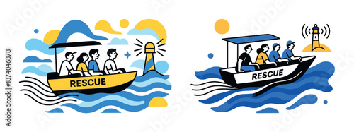 Rescue boats with diverse crews heading towards lighthouse in abstract sea