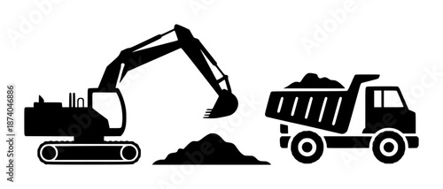 Black silhouette of an excavator digging dirt next to a pile of earth and a dump truck loaded with soil