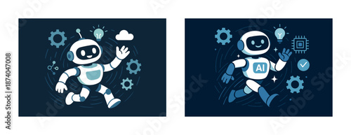 Cheerful robot interacting with technology elements in dark background