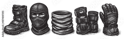 A black and white sketch of winter clothing essentials including a boot, balaclava, neck gaiter, knee pads, and glove, arranged in a row.