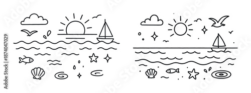Minimalist ocean sunset illustration with sailboat and sea life elements