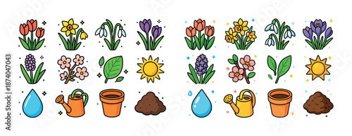 Colorful spring flowers and gardening tools illustration