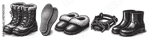 A detailed black and white illustration showcasing various winter footwear items including fur-lined boots, insoles, and ankle boots, perfect for seasonal fashion or outdoor themes.