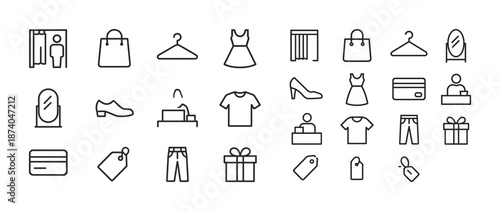 Minimalist shopping icons: clothing, accessories, and gift symbols in black and white design
