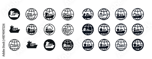 Set of nautical and maritime icon designs featuring ships and globes