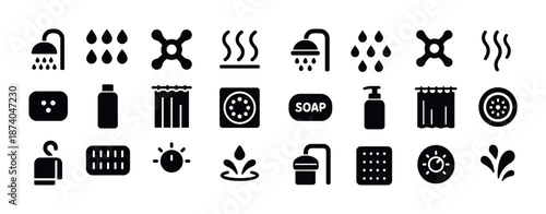 Bathroom icons set: shower, soap, curtains, water drops, accessories