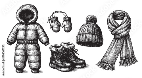 Black and white ink sketch of a child's winter ensemble, including a snowsuit, mittens, boots, hat, and scarf, perfect for illustrating cold weather activities.