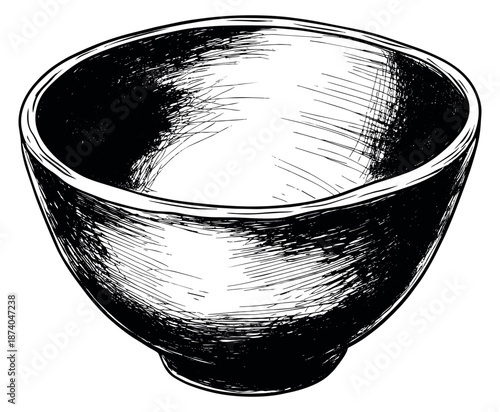 Hand drawn line art illustration of a bowl depicting an empty vessel for kitchen and dining designs