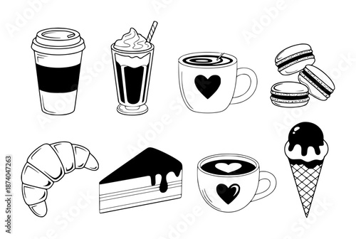 Collection of black and white featuring coffee drinks pastries and desserts takeaway latte